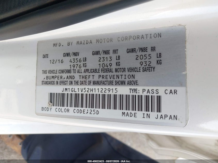 2017 Mazda 6 VIN JM1GL1V52H1122915 IAAI salvage auction — FRONT END, Salvage Title, sold $2,250 on 2026-08-19 (photo 9)