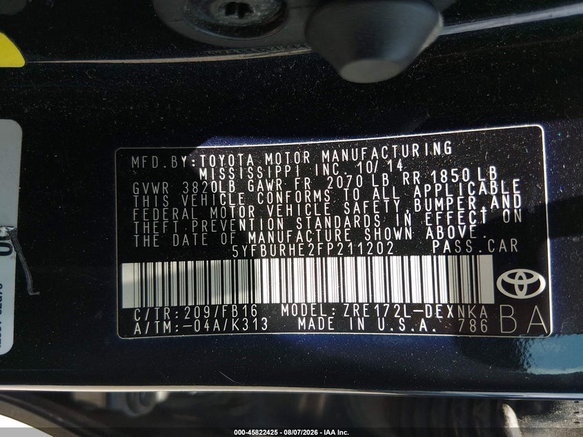 2015 Toyota Corolla VIN 5YFBURHE2FP211202 IAAI salvage auction — WATER/FLOOD, Salvage Title, sold $1,700 on 2026-09-03 (photo 9)