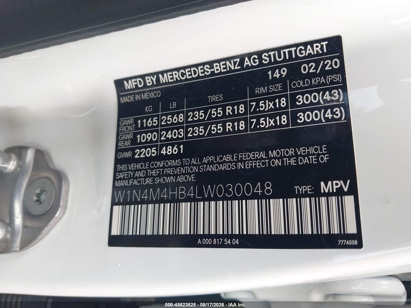 2020 Mercedes-benz Glb VIN W1N4M4HB4LW030048 IAAI salvage auction — NORMAL WEAR, Clear (Virginia), sold $8,100 on 2026-09-02 (photo 9)