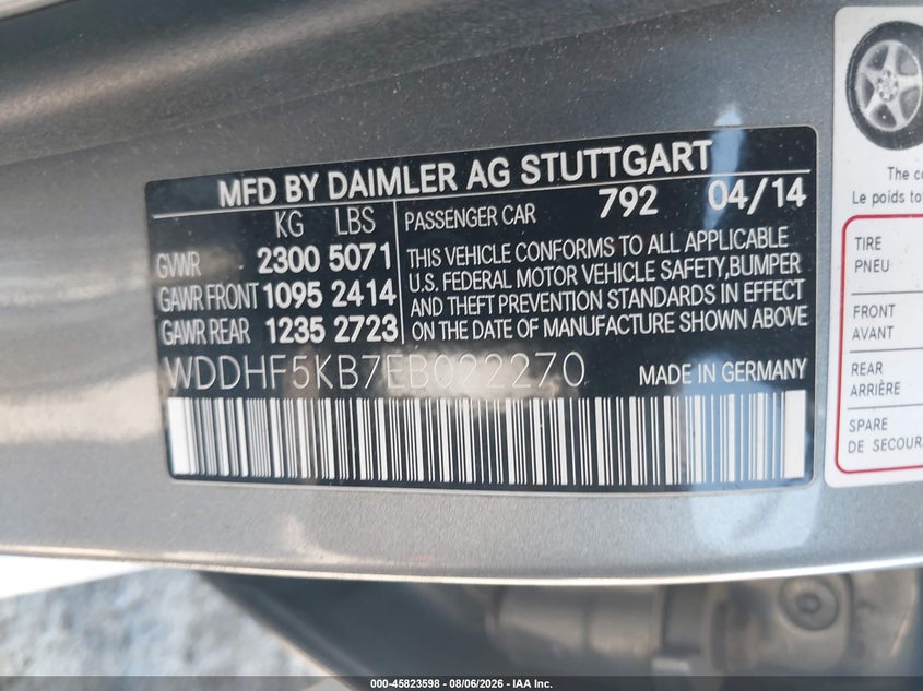 2014 Mercedes-benz E-klasse VIN WDDHF5KB7EB022270 IAAI salvage auction — FRONT END, Salvage Title, sold $1,850 on 2026-08-21 (photo 9)
