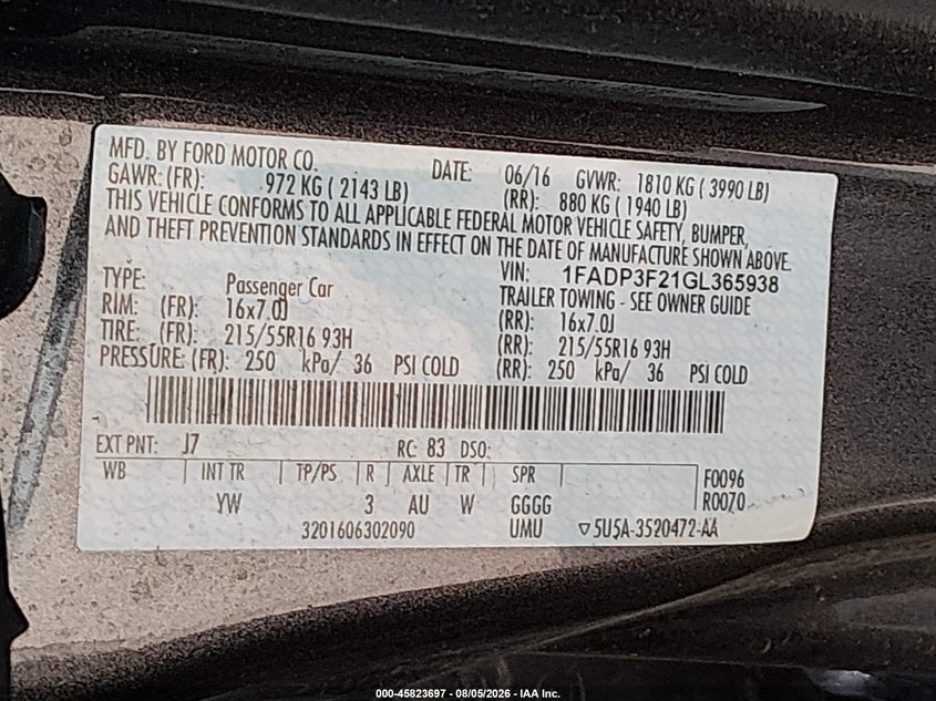 2016 Ford Focus VIN 1FADP3F21GL365938 IAAI salvage auction — FRONT END, Sf97 (Texas), sold $7,050 on 2026-09-01 (photo 9)