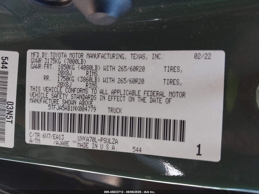 2022 Toyota Tundra VIN 5TFJA5AB1NX004779 IAAI salvage auction — NORMAL WEAR, Original (Texas), sold $37,100 on 2026-08-23 (photo 9)