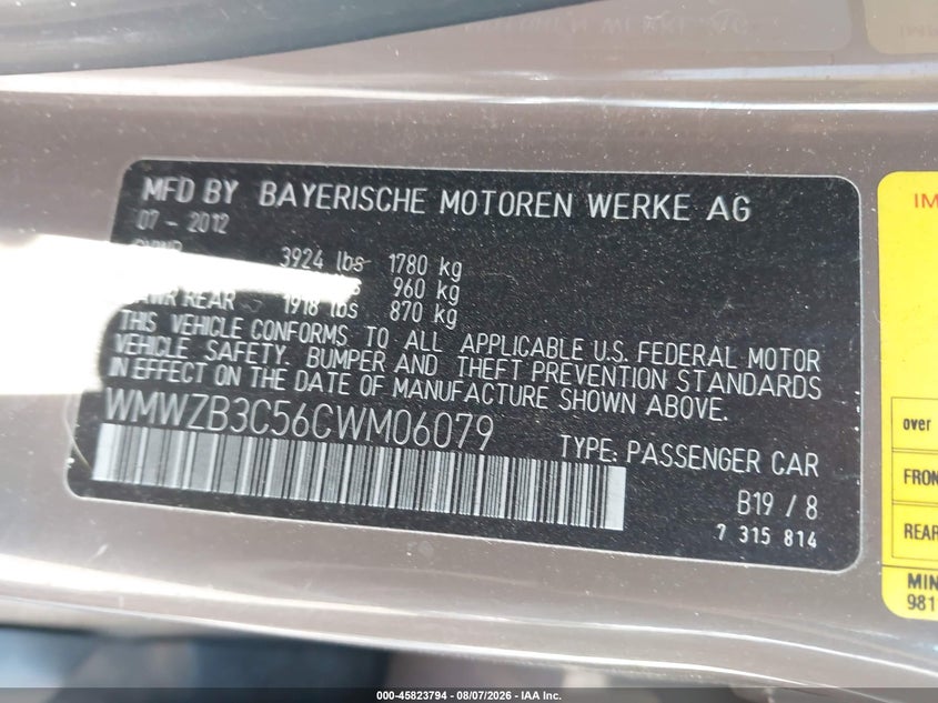 2012 Mini Cooper VIN WMWZB3C56CWM06079 IAAI salvage auction — NORMAL WEAR, Clear (Washington), sold $425 on 2026-08-19 (photo 9)