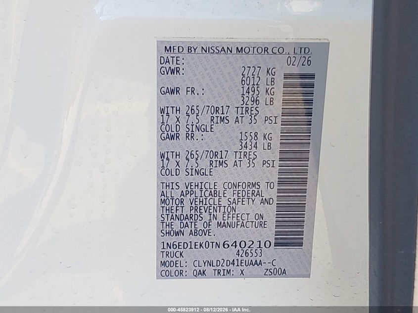 2026 Nissan Navara (frontier) VIN 1N6ED1EK0TN640210 IAAI salvage auction — NORMAL WEAR, Enterprise Vehicles Clear Only (Florida), sold $22,450 on 2026-08-13 (photo 9)