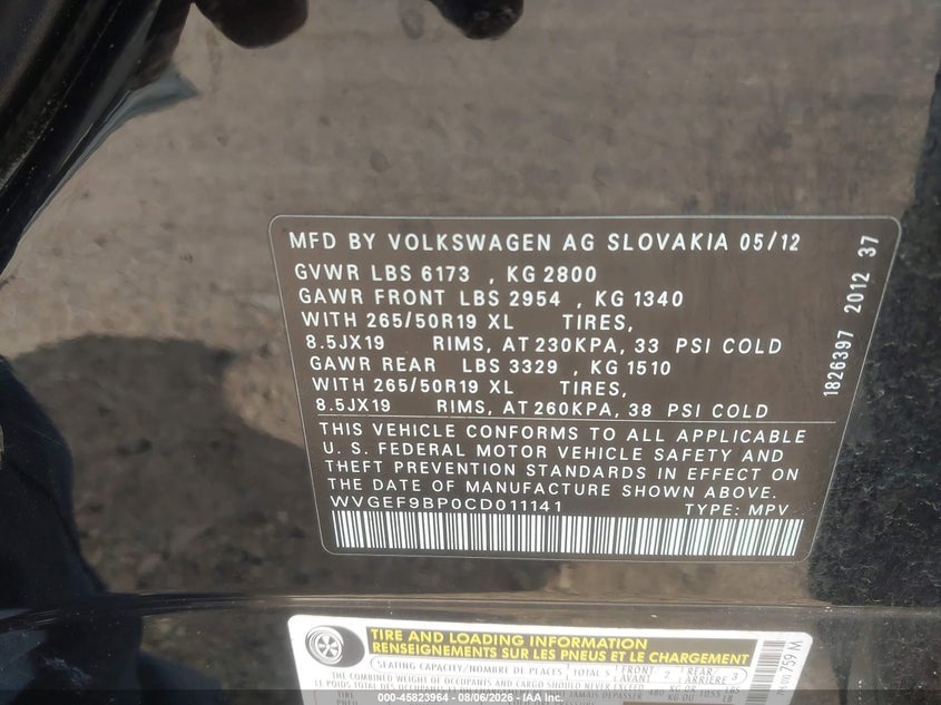 2012 Volkswagen Touareg VIN WVGEF9BP0CD011141 IAAI salvage auction — NORMAL WEAR, Original (Texas), sold $25 on 2026-08-13 (photo 9)