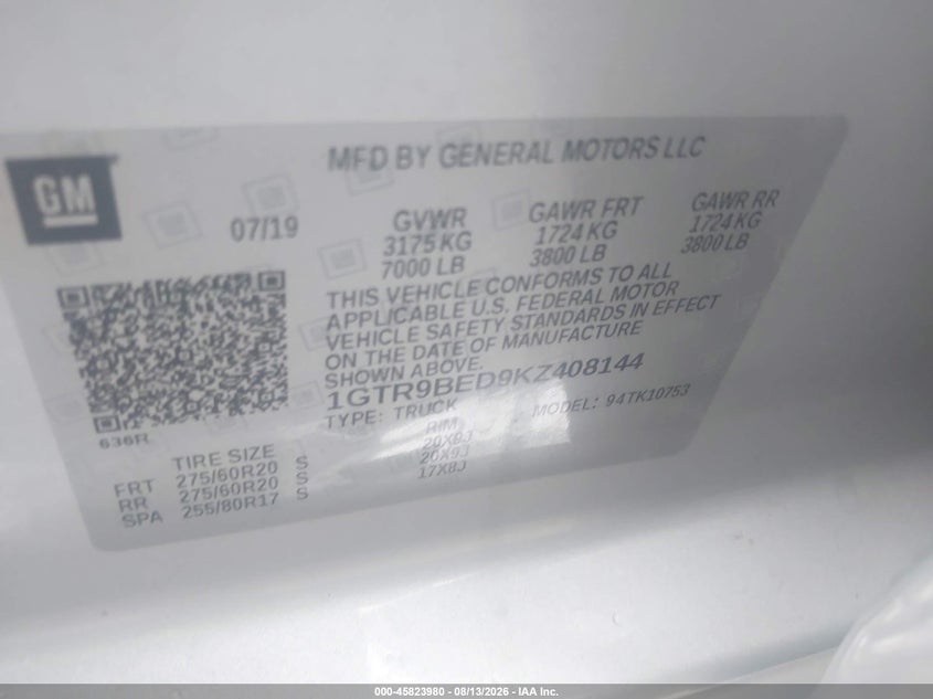 2019 Gmc SIERRA VIN 1GTR9BED9KZ408144 IAAI salvage auction — RIGHT SIDE, Salvage (Massachusetts), sold $25 on 2026-08-31 (photo 9)