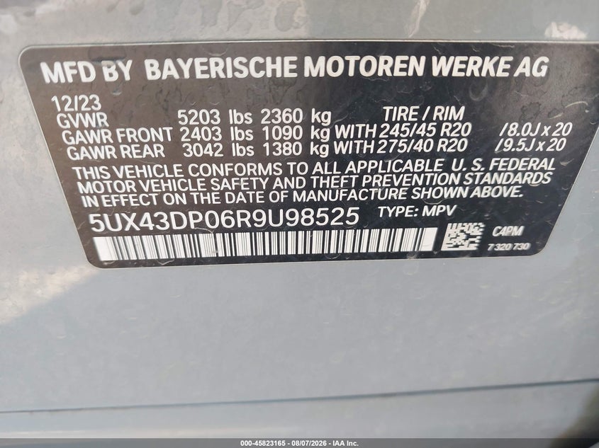 2024 BMW X3 VIN 5UX43DP06R9U98525 IAAI salvage auction — Unknown, Original (Texas), sold $22,000 on 2026-09-13 (photo 9)
