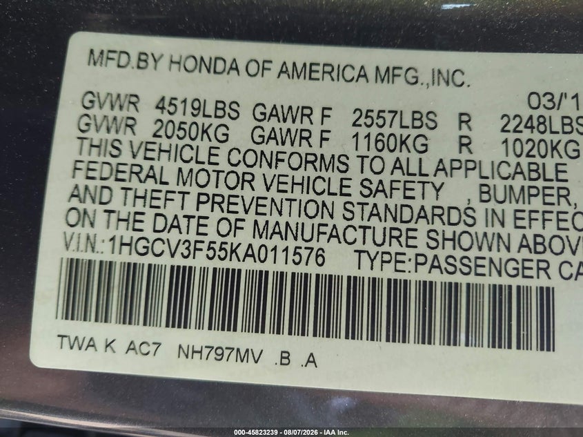 2019 Honda Accord VIN 1HGCV3F55KA011576 IAAI salvage auction — FRONT END, Salvage (Virginia), sold $6,975 on 2026-09-12 (photo 9)