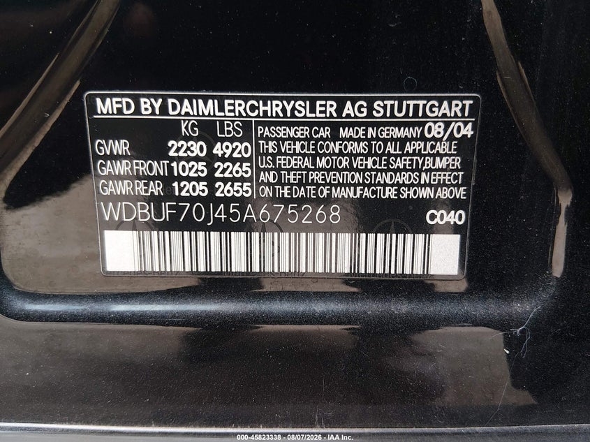 2005 Mercedes-benz E-class VIN WDBUF70J45A675268 IAAI salvage auction — REAR END, Salvage (California), sold $425 on 2026-08-19 (photo 9)