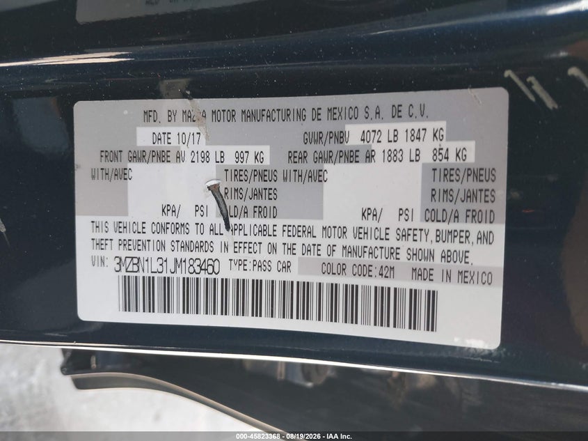 2018 Mazda 3 VIN 3MZBN1L31JM183460 IAAI salvage auction — RIGHT FRONT, Salvage (Texas), sold $2,150 on 2026-08-29 (photo 9)