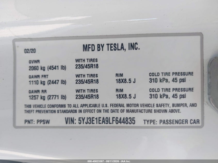 2020 Tesla Model 3 VIN 5YJ3E1EA9LF644835 IAAI salvage auction — RIGHT FRONT, Salvage Title, sold $0 on 2026-10-04 (photo 9)