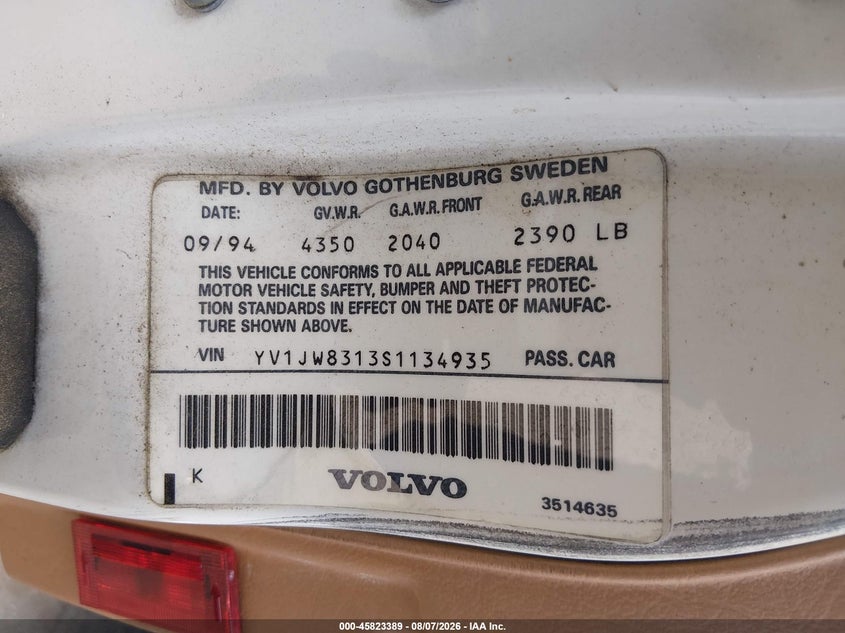 1995 Volvo 940 VIN YV1JW8313S1134935 IAAI salvage auction — NORMAL WEAR, Clear - Dealer Only (California), sold $225 on 2026-08-12 (photo 9)