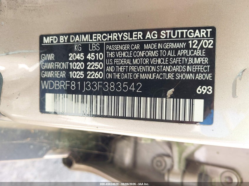 2003 Mercedes-benz C class VIN WDBRF81J33F383542 IAAI salvage auction — NORMAL WEAR, Clear - Dealer Only (California), sold $350 on 2026-08-20 (photo 9)