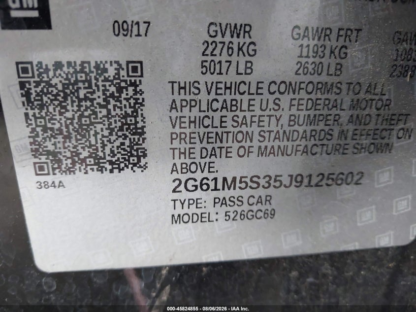 2018 Cadillac Xts VIN 2G61M5S35J9125602 IAAI salvage auction — FRONT END, Rebuildable (Florida), sold $1,400 on 2026-09-22 (photo 9)