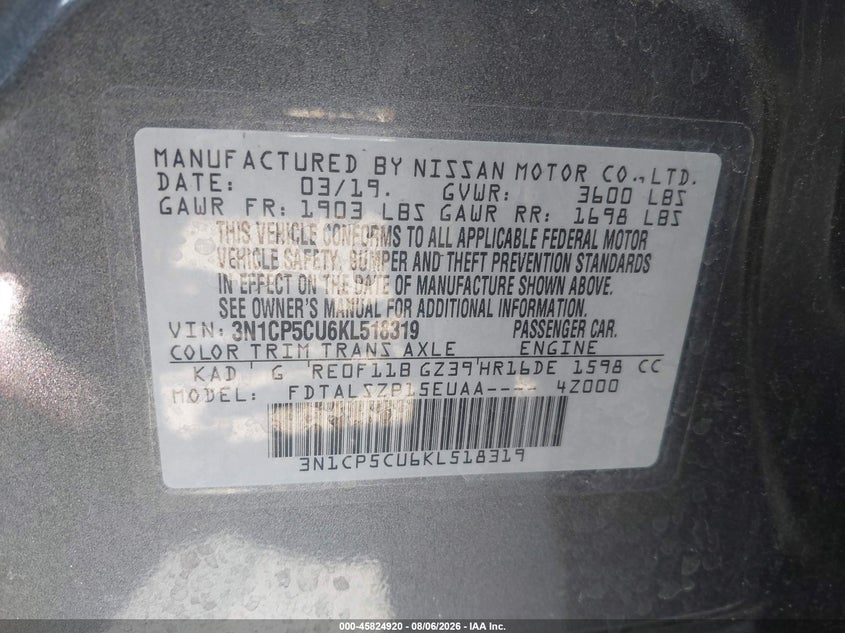 2019 Nissan Kicks VIN 3N1CP5CU6KL518319 IAAI salvage auction — FRONT END, Salvage Title, sold $1,600 on 2026-08-21 (photo 9)