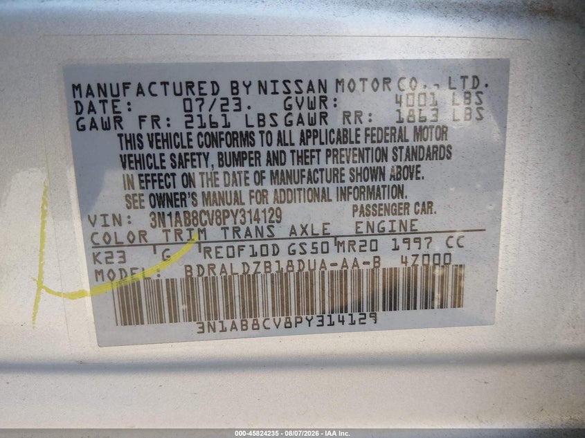 2023 Nissan Sentra VIN 3N1AB8CV8PY314129 IAAI salvage auction — FRONT END, Enterprise Vehicles Clear Only (Washington), sold $9,950 on 2026-08-19 (photo 9)
