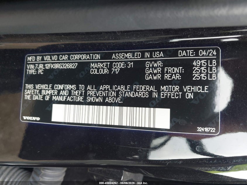 2024 Volvo S60 VIN 7JRL12FK8RG326827 IAAI salvage auction — FRONT END, Salvage Title, sold $8,900 on 2026-09-27 (photo 9)