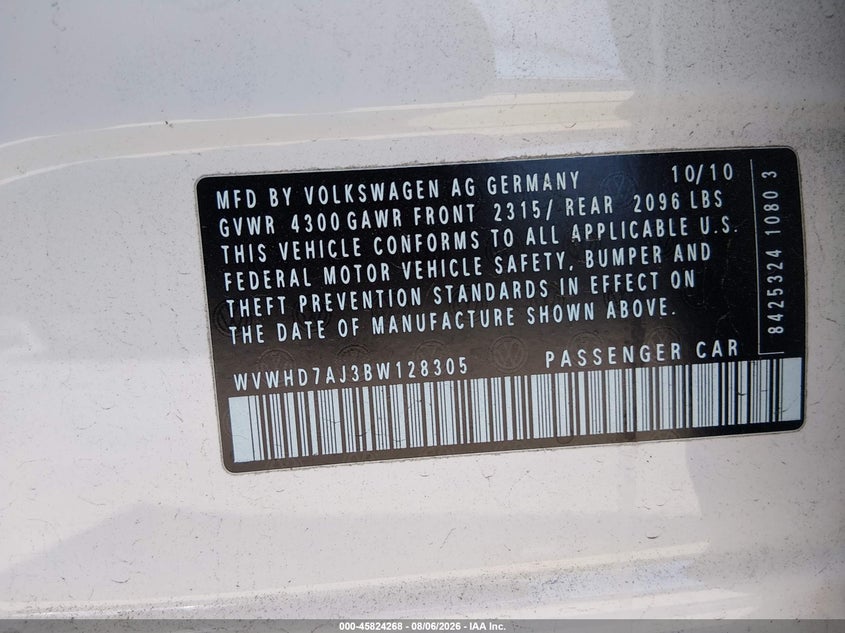 2011 Volkswagen Gti VIN WVWHD7AJ3BW128305 IAAI salvage auction — NORMAL WEAR, Clear - Dealer Only (California), sold $2,650 on 2026-08-17 (photo 9)