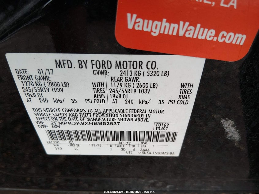 2017 Ford Edge VIN 2FMPK3K9XHBB52637 IAAI salvage auction — FRONT END, Salvage Title, sold $2,350 on 2026-08-23 (photo 9)