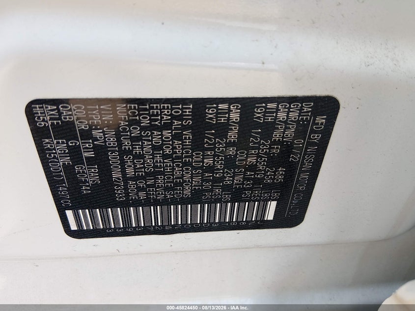 2022 Nissan Rogue VIN JN8BT3DD0NW273933 IAAI salvage auction — REAR END, Salvage (North Carolina), sold $9,700 on 2026-08-23 (photo 9)