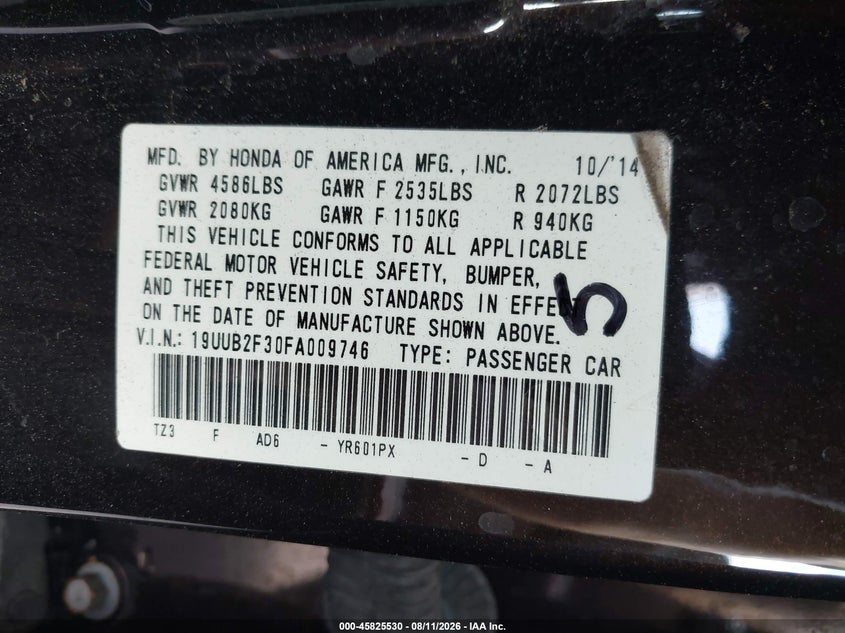 2015 Acura Tlx VIN 19UUB2F30FA009746 IAAI salvage auction — SIDE, Wait Title, sold $2,750 on 2026-09-07 (photo 9)