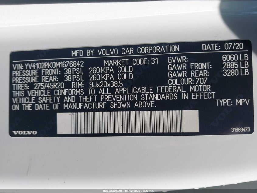 2021 Volvo Xc90 VIN YV4102PK0M1676842 IAAI salvage auction — LEFT & RIGHT, Clear (Georgia), sold $5,100 on 2026-08-18 (photo 9)