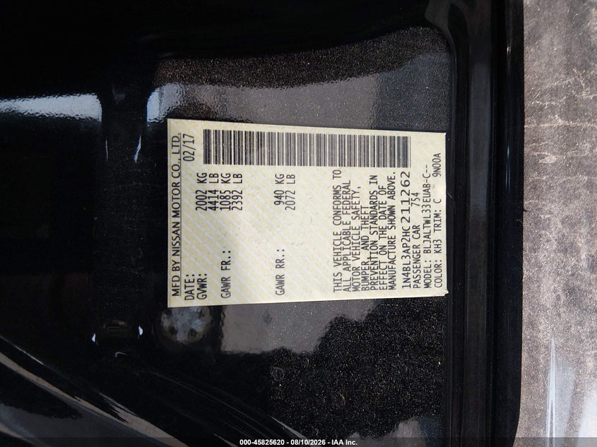 2017 Nissan Altima VIN 1N4BL3AP2HC211262 IAAI salvage auction — FRONT END, Clear (New Jersey), sold $1,400 on 2026-09-13 (photo 9)