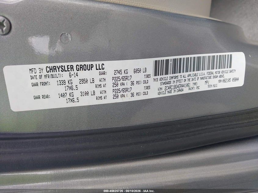 2014 Chrysler Town & country VIN 2C4RC1BG4ER441061 IAAI salvage auction — NORMAL WEAR, Clear (North Carolina), sold $600 on 2026-09-12 (photo 9)