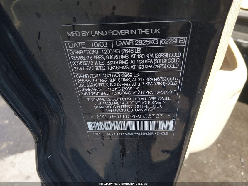 2004 Land rover Discovery VIN SALTP19434A836737 IAAI salvage auction — NORMAL WEAR, Clear (Tennessee), sold $425 on 2026-08-27 (photo 9)