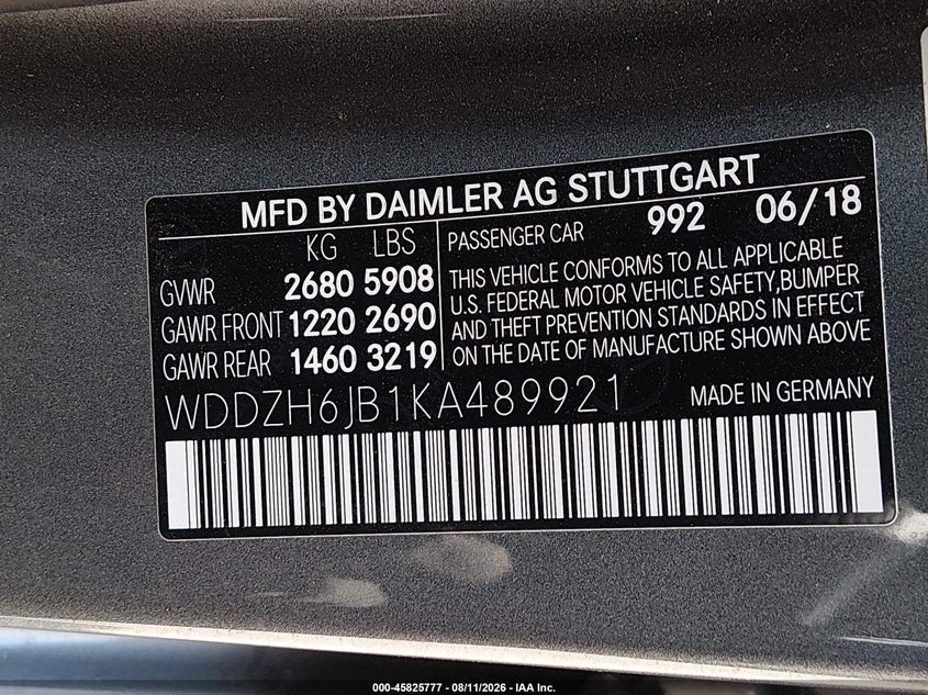2019 Mercedes-benz E-klasse VIN WDDZH6JB1KA489921 IAAI salvage auction — SIDE, Salvage Title, sold $9,200 on 2026-08-16 (photo 9)
