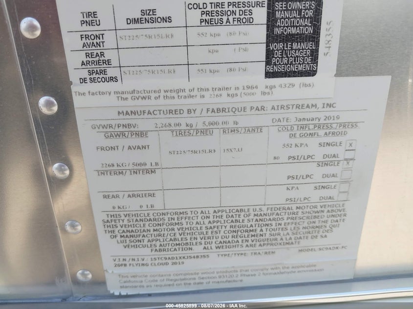 2019 Other Other VIN 1STC9AD1XKJ548355 IAAI salvage auction — REAR END, Wait Title, sold $1,850 on 2026-10-06 (photo 9)