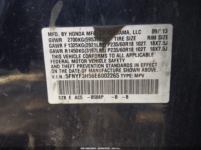2014 Honda Pilot VIN 5FNYF3H56EB002265 IAAI salvage auction — NORMAL WEAR, Clear (Virginia), sold $225 on 2026-08-23 (photo 9)