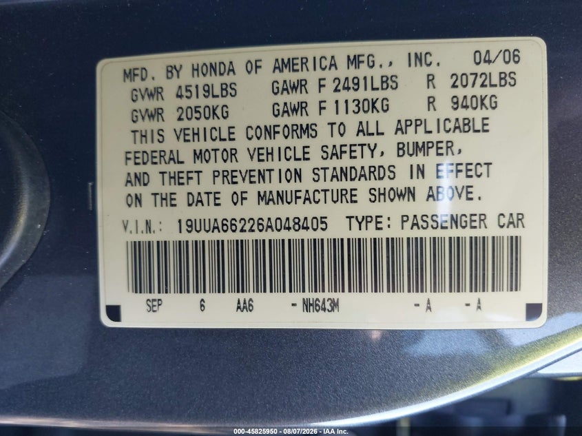 2006 Acura Tl VIN 19UUA66226A048405 IAAI salvage auction — FRONT END, Rebuildable (Florida), sold $1,175 on 2026-08-30 (photo 9)
