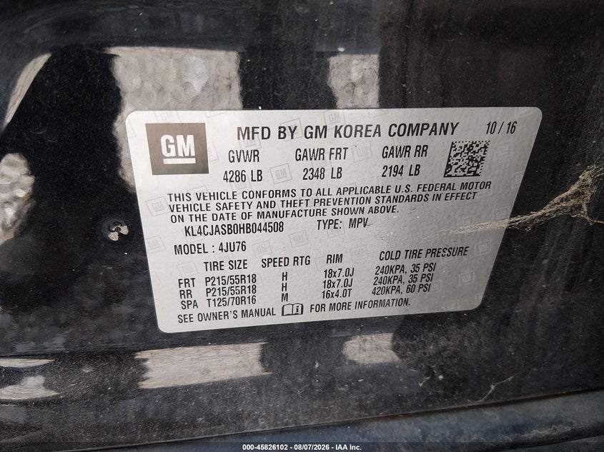 2017 Buick Encore VIN KL4CJASB0HB044508 IAAI salvage auction — NORMAL WEAR, Salvage Title, sold $2,000 on 2026-08-25 (photo 9)