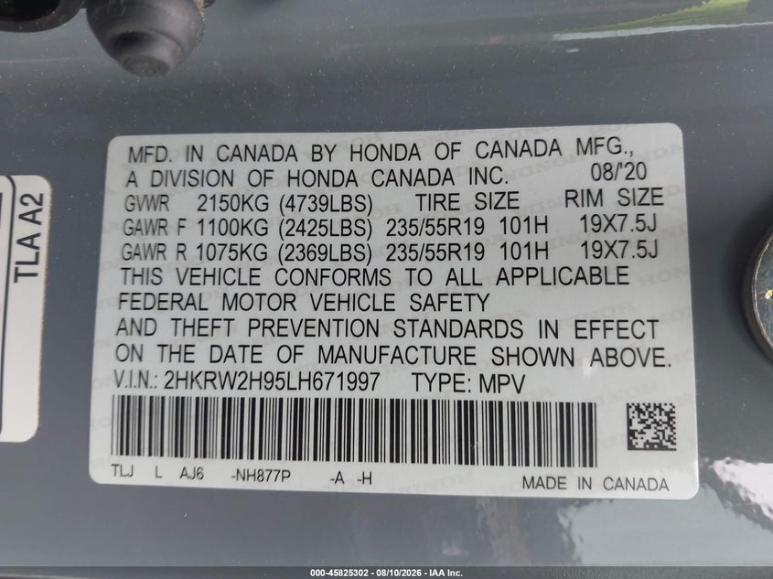 2020 Honda Cr-v VIN 2HKRW2H95LH671997 IAAI salvage auction — REAR END, Bill Of Sale (Washington), sold $9,000 on 2026-08-22 (photo 9)