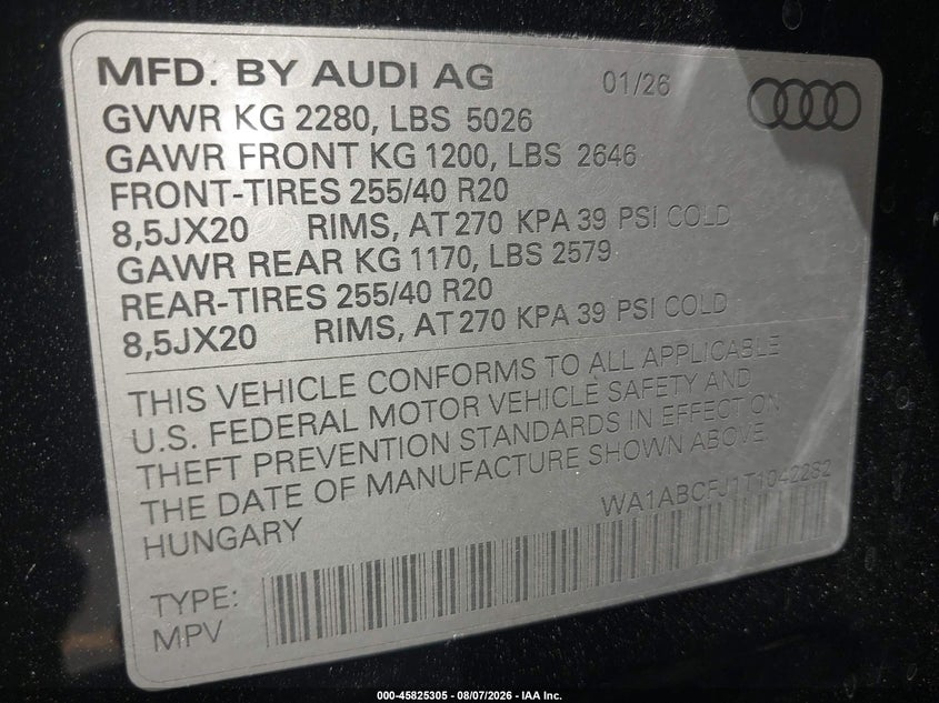 2026 Audi Q3 VIN WA1ABCFJ1T1042282 IAAI salvage auction — FRONT END, Salvage Title, sold $8,500 on 2026-10-05 (photo 9)