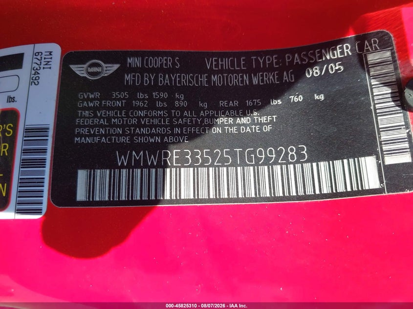 2005 Mini Cooper VIN WMWRE33525TG99283 IAAI salvage auction — LEFT SIDE, Salvage (California), sold $275 on 2026-08-18 (photo 9)
