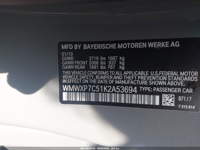 2019 Mini Hard top VIN WMWXP7C51K2A53694 IAAI salvage auction — FRONT END, Salvage Title, sold $2,850 on 2026-10-08 (photo 9)