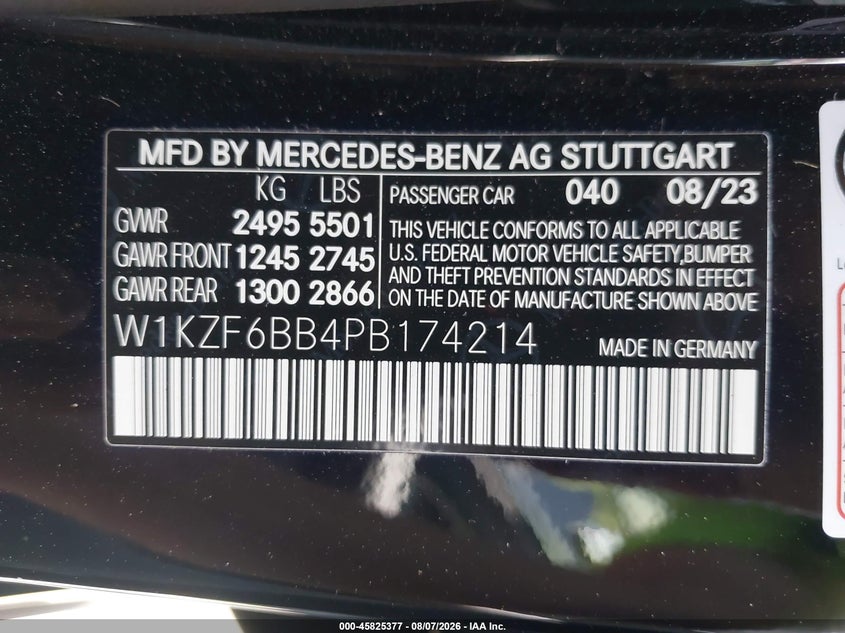 2023 Mercedes-benz VIN W1KZF6BB4PB174214 IAAI salvage auction — REAR END, Wait Title, sold $30,400 on 2026-09-30 (photo 9)