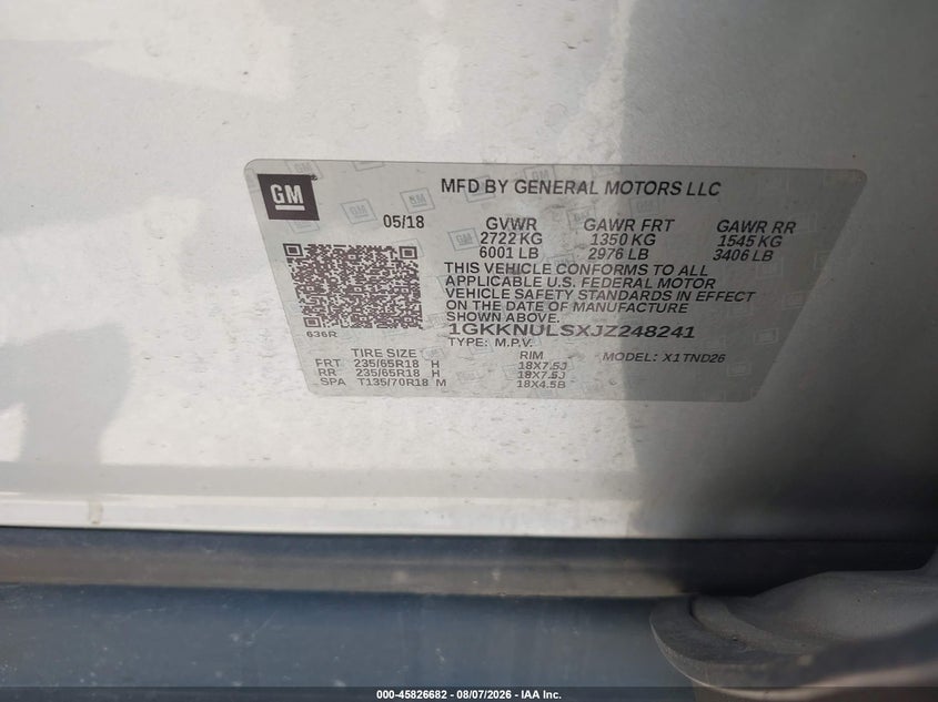 2018 Gmc Acadia VIN 1GKKNULSXJZ248241 IAAI salvage auction — RIGHT FRONT, Salvage Title, sold $1,600 on 2026-09-02 (photo 9)