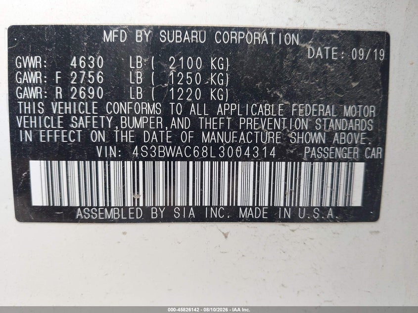 2020 Subaru LEGACY VIN 4S3BWAC68L3004314 IAAI salvage auction — LEFT SIDE, Mv-907A (New York), sold $3,050 on 2026-09-03 (photo 9)