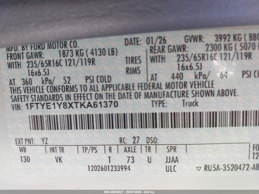 2026 Ford Transit 150 VIN 1FTYE1Y8XTKA61370 IAAI salvage auction — RIGHT FRONT, Clear (North Carolina), sold $15,200 on 2026-08-19 (photo 9)