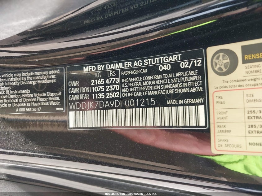 2013 Mercedes-benz VIN WDDJK7DA9DF001215 IAAI salvage auction — RIGHT FRONT, Salvage Title, sold $9,200 on 2026-10-07 (photo 9)
