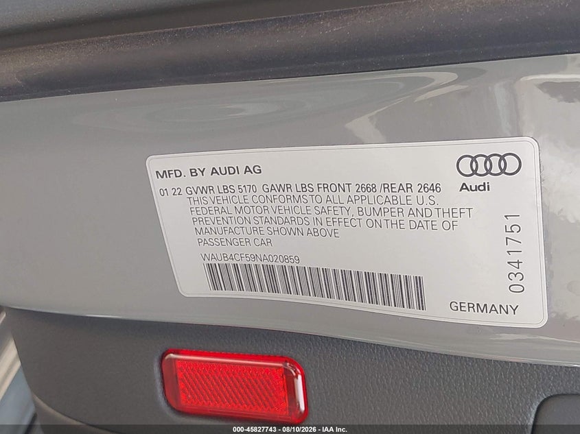 2022 Audi S5 VIN WAUB4CF59NA020859 IAAI salvage auction — REAR END, Salvage (California), sold $16,500 on 2026-09-08 (photo 9)