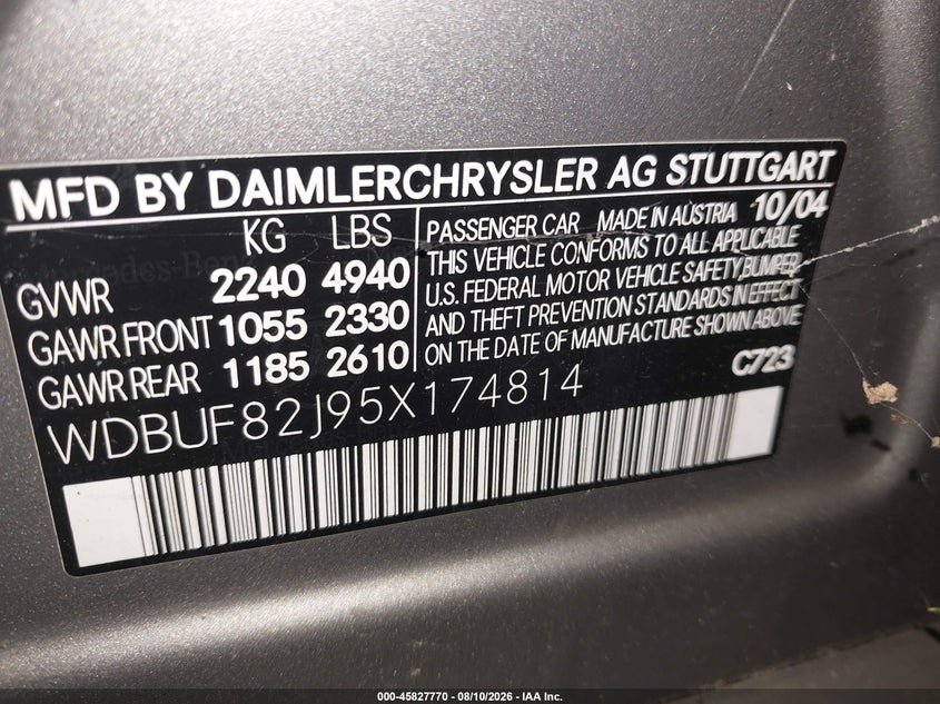2005 Mercedes-benz E-class VIN WDBUF82J95X174814 IAAI salvage auction — MECHANICAL, Clear (New York), sold $400 on 2026-08-19 (photo 9)