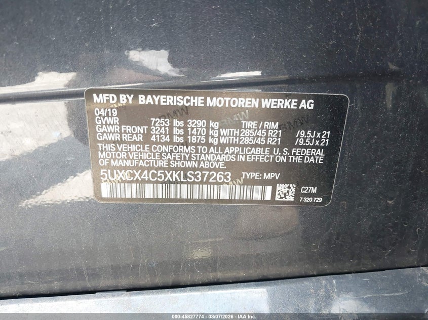 2019 BMW X7 VIN 5UXCX4C5XKLS37263 IAAI salvage auction — LEFT FRONT, Salvage Title, sold $12,150 on 2026-10-20 (photo 9)