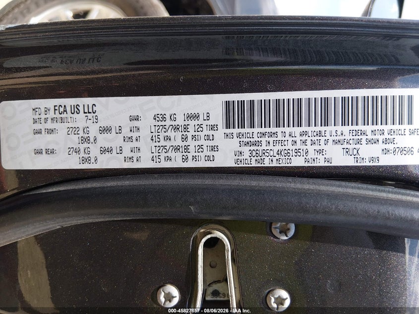 2019 Ram 2500 VIN 3C6UR5CL4KG619510 IAAI salvage auction — NORMAL WEAR, Original (Texas), sold $20,000 on 2026-08-14 (photo 9)