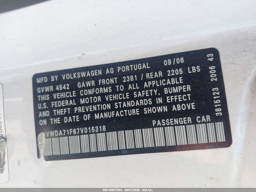 2007 Volkswagen Eos VIN WVWDA71F67V015318 IAAI salvage auction — REAR END, Salvage (California), sold $925 on 2026-08-19 (photo 9)