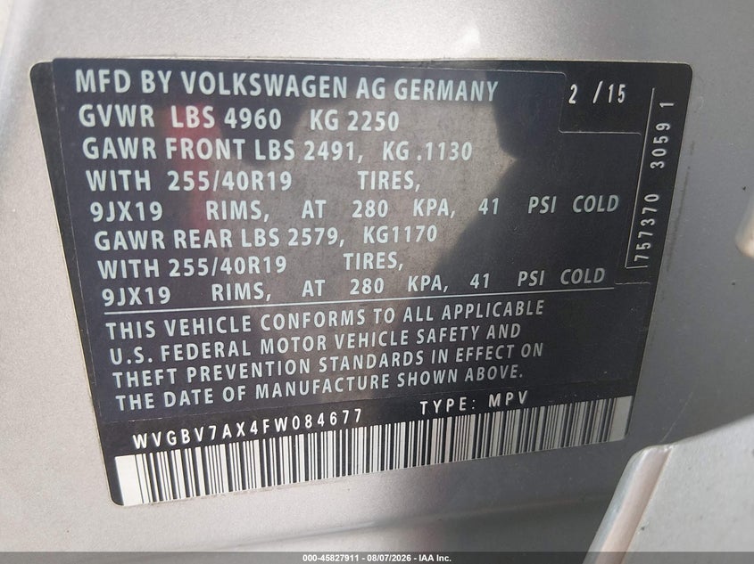 2015 Volkswagen Tiguan VIN WVGBV7AX4FW084677 IAAI salvage auction — NORMAL WEAR, Salvage Title, sold $1,900 on 2026-08-18 (photo 9)