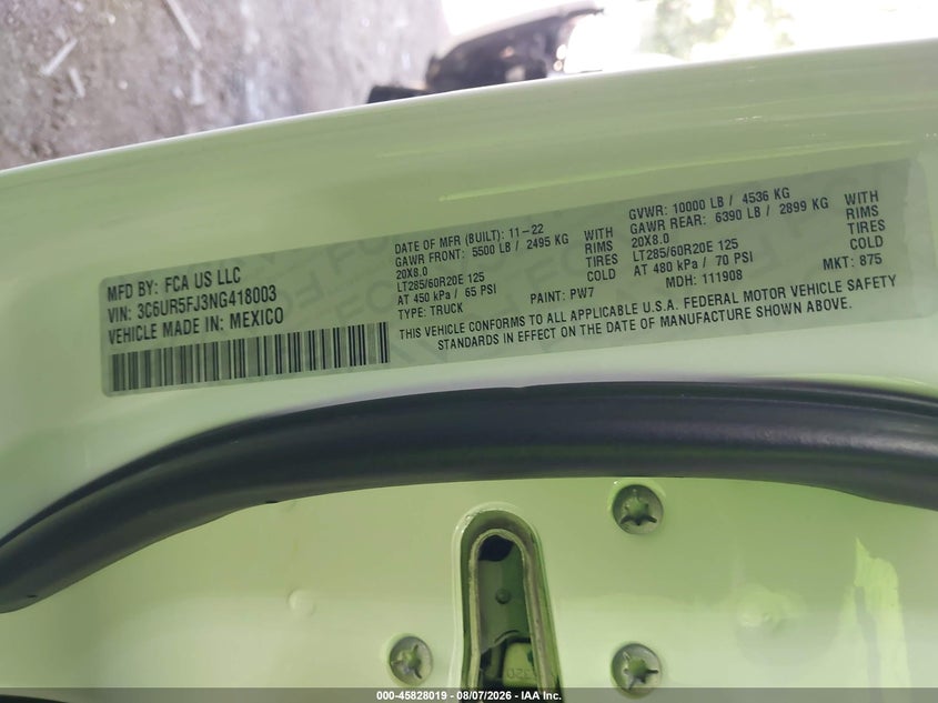 2022 Ram 2500 VIN 3C6UR5FJ3NG418003 IAAI salvage auction — FRONT END, Salvage Title, sold $17,350 on 2026-09-10 (photo 9)